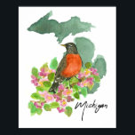 Michigan State American Robin Apple Blossom Poster<br><div class="desc">A poster print with an American Robin on a branch with blooming apple blossom flowers over the state shape in shades of emerald green hand drawn with ink and painted with watercolor. Inspired by the state bird and state flower of Michigan. Great gift for those who enjoy "The Great Lakes...</div>