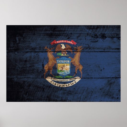 Michigan State Flag op Old Wood Grain Poster (Voorkant)
