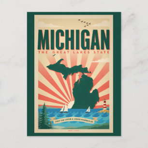 Michigan State Illustratie Reis Kunst Vintage Briefkaart