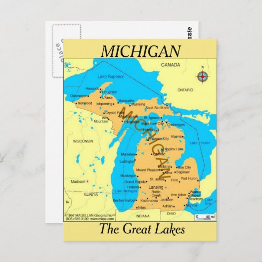 Michigan State Map Briefkaart (Voorkant / Achterkant)