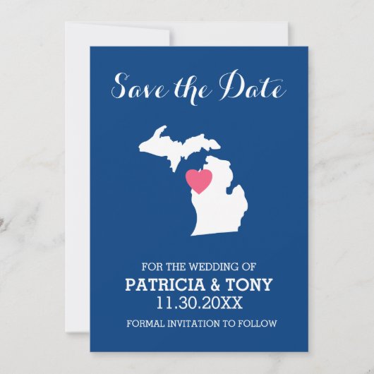 Michigan State Map met Custom Love Heart en Name Save The Date (Voorkant)