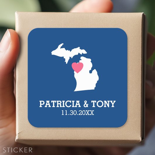 Michigan State Map met Custom Love Heart en Name Vierkante Sticker