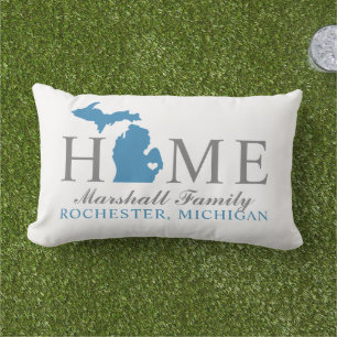 Michigan Thuis Blauw Staat Grijs Familie Monogram Buitenkussen