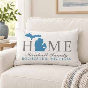 Michigan Thuis Blauw Staat Grijs Familie Monogram Kussen