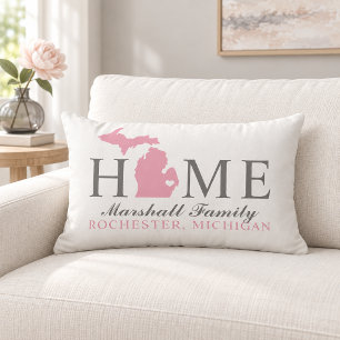 Michigan Thuis Roze Staat Grijs Familie Monogram Kussen
