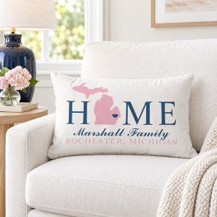 Michigan Thuis Roze Staat Navy Familie Monogram Kussen