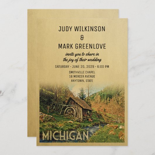 Michigan Wedding Invitation Rustic Cabin Mill Kaart (Voorkant / Achterkant)