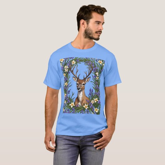 Michigan White Tailed Deer With Iris Flower 3 Patt T-shirt (Voorkant volledig)