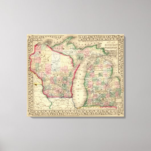 Michigan, Wisconsin Map door Mitchell Canvas Afdruk (Voorkant)