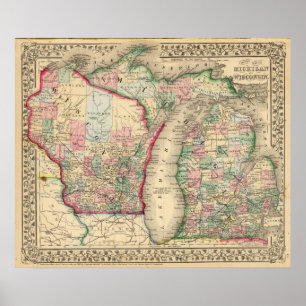 Michigan, Wisconsin Map door Mitchell Poster