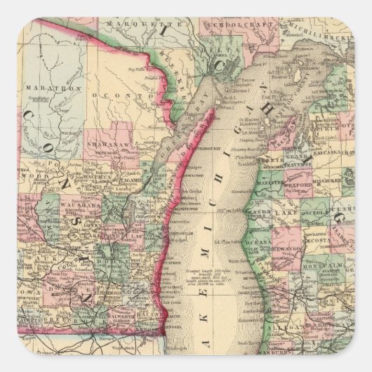Michigan, Wisconsin Map door Mitchell Vierkante Sticker (Voorkant)