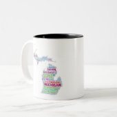 Michigan Word Cloud Tweekleurige Koffiemok (Voorkant links)