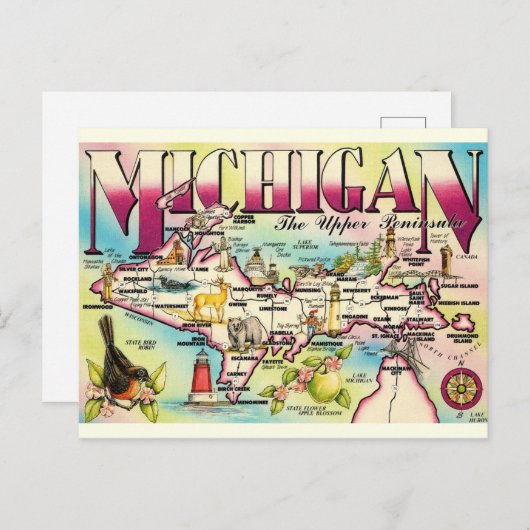 Michigan's Upper Peninsula Kaart Ansichtkaart (Voorkant / Achterkant)