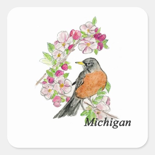 Michiganvogel en -bloem vierkante sticker (Voorkant)
