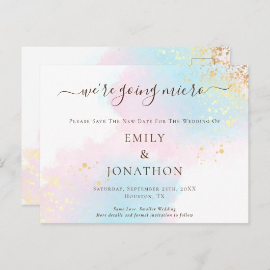 Micro Wedding Blauw Roze Waterverf Bewaar de datum Aankondigingskaart (Voorkant / Achterkant)