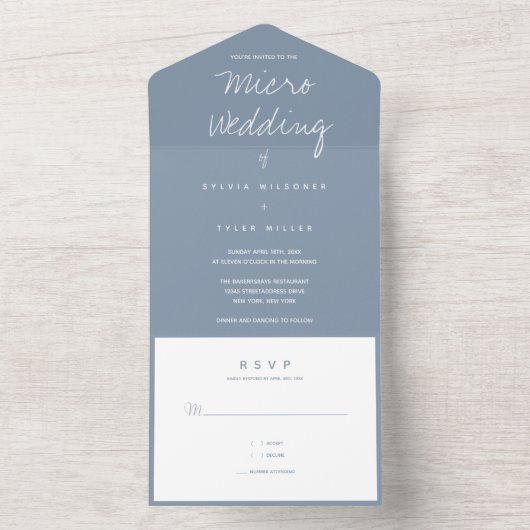 Micro Wedding Blue White Typography Minimal All In One Uitnodiging (Binnen)