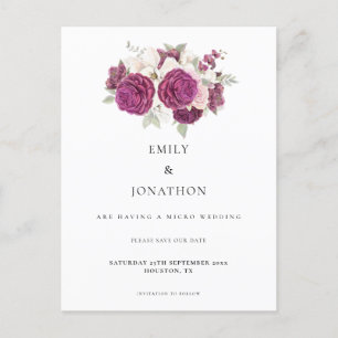 Micro Wedding Bourgogne Floral Bewaar de datum Aankondigingskaart