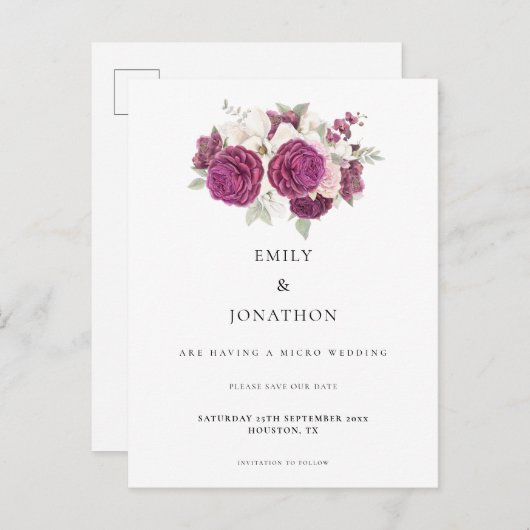 Micro Wedding Bourgogne Floral Bewaar de datum Aankondigingskaart (Voorkant / Achterkant)
