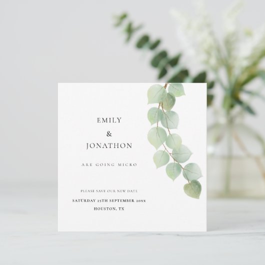 Micro Wedding Eucalyptus Botanical Bewaar de datum Save The Date (Staand voorkant)