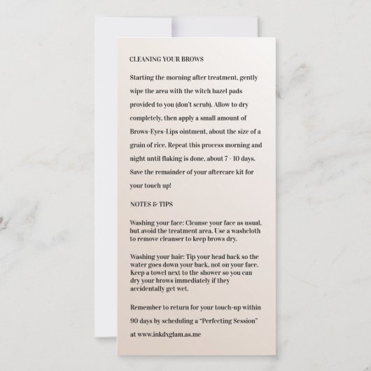 Microblading Aftercare Beige Grey Glamour Bedankkaart (Achterkant)