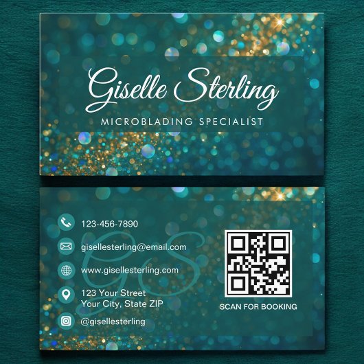 Microblading Blauwgroen Gouden Glitter QR Code Lux Visitekaartje