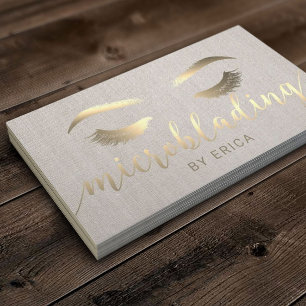 Microblading Brow Makeup Artist Gold Script Linen Visitekaartje