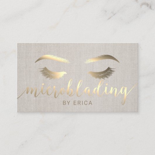 Microblading Brow Makeup Artist Gold Script Linen Visitekaartje (Voorkant)