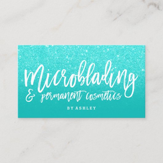 Microblading elegante typografie faux aqua glitter visitekaartje (Voorkant)