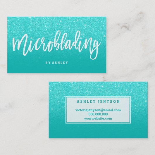Microblading elegante typografie faux aqua glitter visitekaartje (Voorkant / Achterkant)