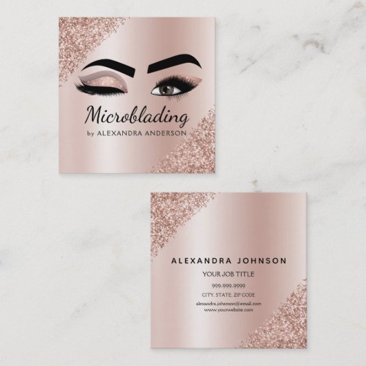 Microblading Eyebrows Brows Glitter Roos Gold Pink Vierkante Visitekaartje (Voorkant / Achterkant)