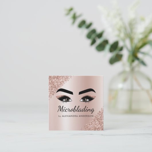 Microblading Eyebrows Brows Glitter Roos Gold Pink Vierkante Visitekaartje (Staand voorkant)