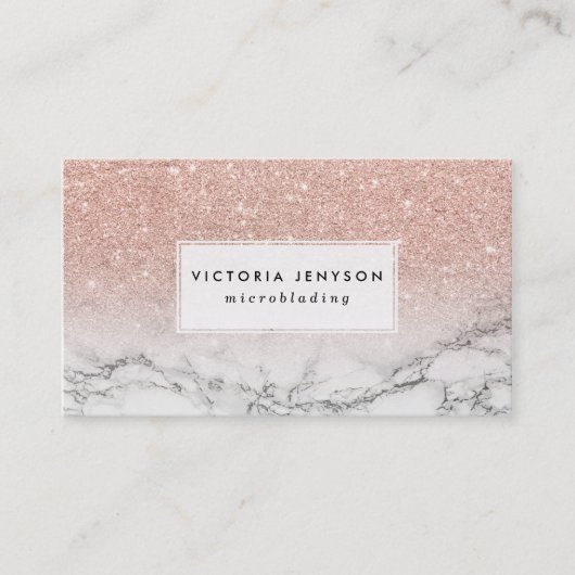 Microblading faux roos roze glitter wit marmer visitekaartje (Voorkant)