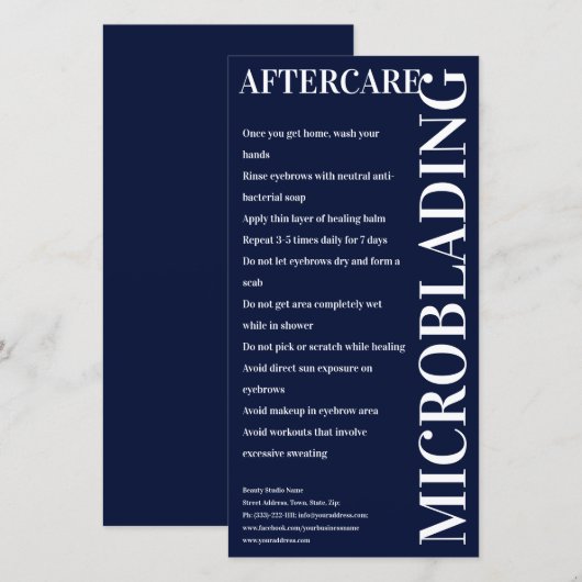 Microblading Nazorg Donkerblauwe Instructie Bedankkaart (Voorkant / Achterkant)