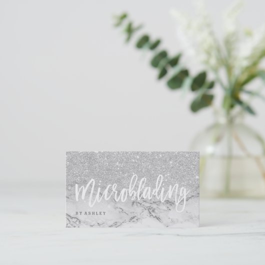 Microblading typografie zilverglittermarmer visitekaartje (Staand voorkant)