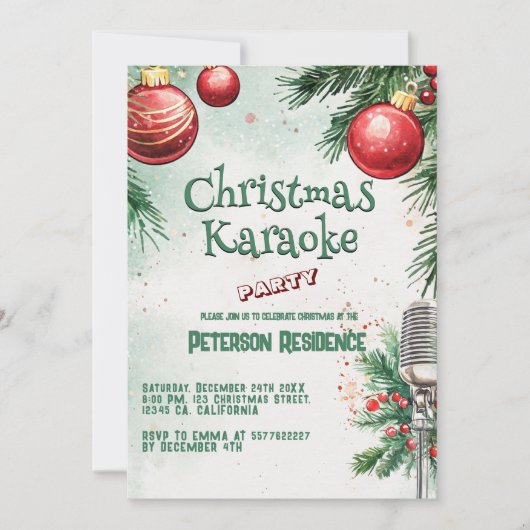 Microfoon en Ornamenten Kerst Karaoke Party Kaart (Voorkant)