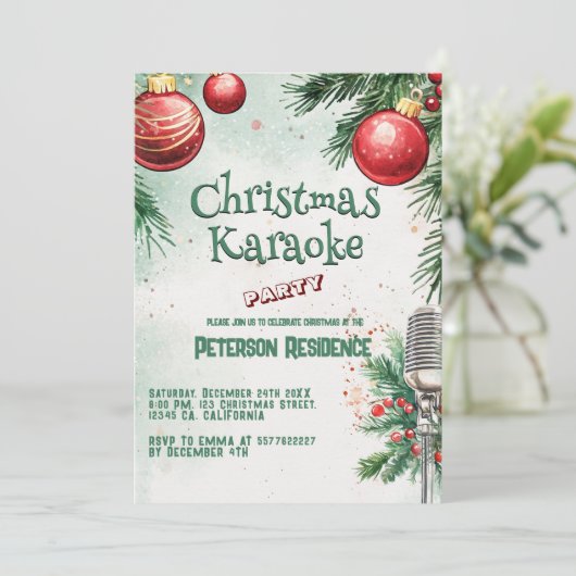 Microfoon en Ornamenten Kerst Karaoke Party Kaart (Staand voorkant)