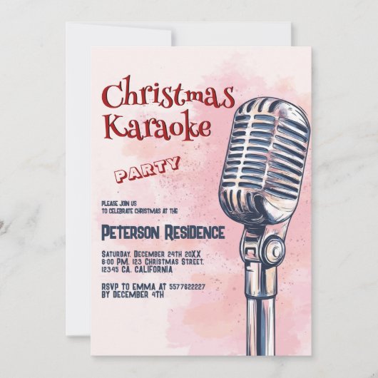 Microfoon en Roze Kerst Karaoke Party Kaart (Voorkant)