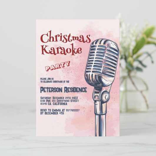 Microfoon en Roze Kerst Karaoke Party Kaart (Staand voorkant)