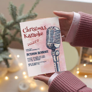 Microfoon en Roze Kerst Karaoke Party Kaart