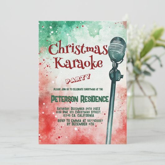Microfoon Groene en Rode Kerst Karaoke Party Kaart (Staand voorkant)