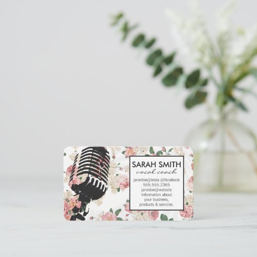 Microfoon met bloemenpatroon visitekaartje (Staand voorkant)