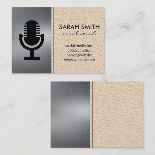 Microfoonpictogram | Metaal | Stitchleder Visitekaartje (Voorkant / Achterkant)