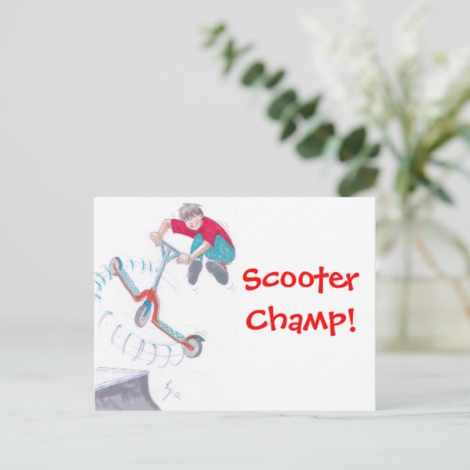 Microscooter trick cartoon briefkaart (Staand voorkant)