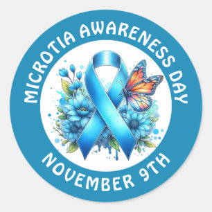 Microtia Blau Bewustzijnsdag Lint en Vlinder Ronde Sticker