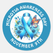 Microtia Blue Awareness Day Ribbon and Butterfly Ronde Sticker (Voorkant)