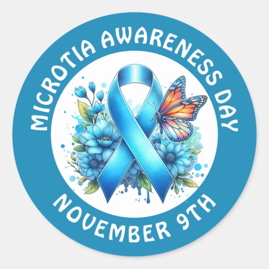 Microtia Blue Awareness Day Ribbon and Butterfly Ronde Sticker (Voorkant)