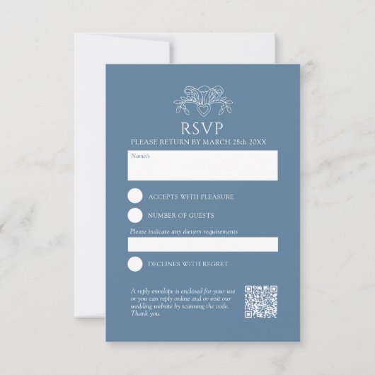 Mid blauw grijs monogram bloesem RSVP bruiloft (Achterkant)