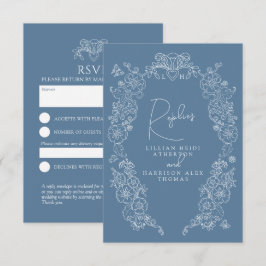 Mid blauw grijs monogram bloesem RSVP bruiloft Kaartje