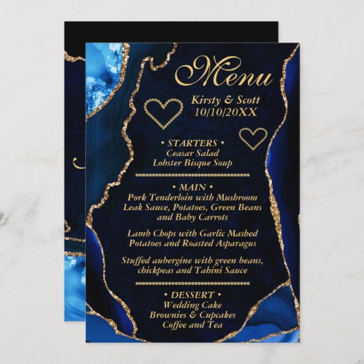 Mid Blue en Gold Glitter Agate Marble Wedding Menu (Voorkant / Achterkant)