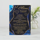 Mid Blue en Gold Glitter Agate Marble Wedding Menu (Staand voorkant)